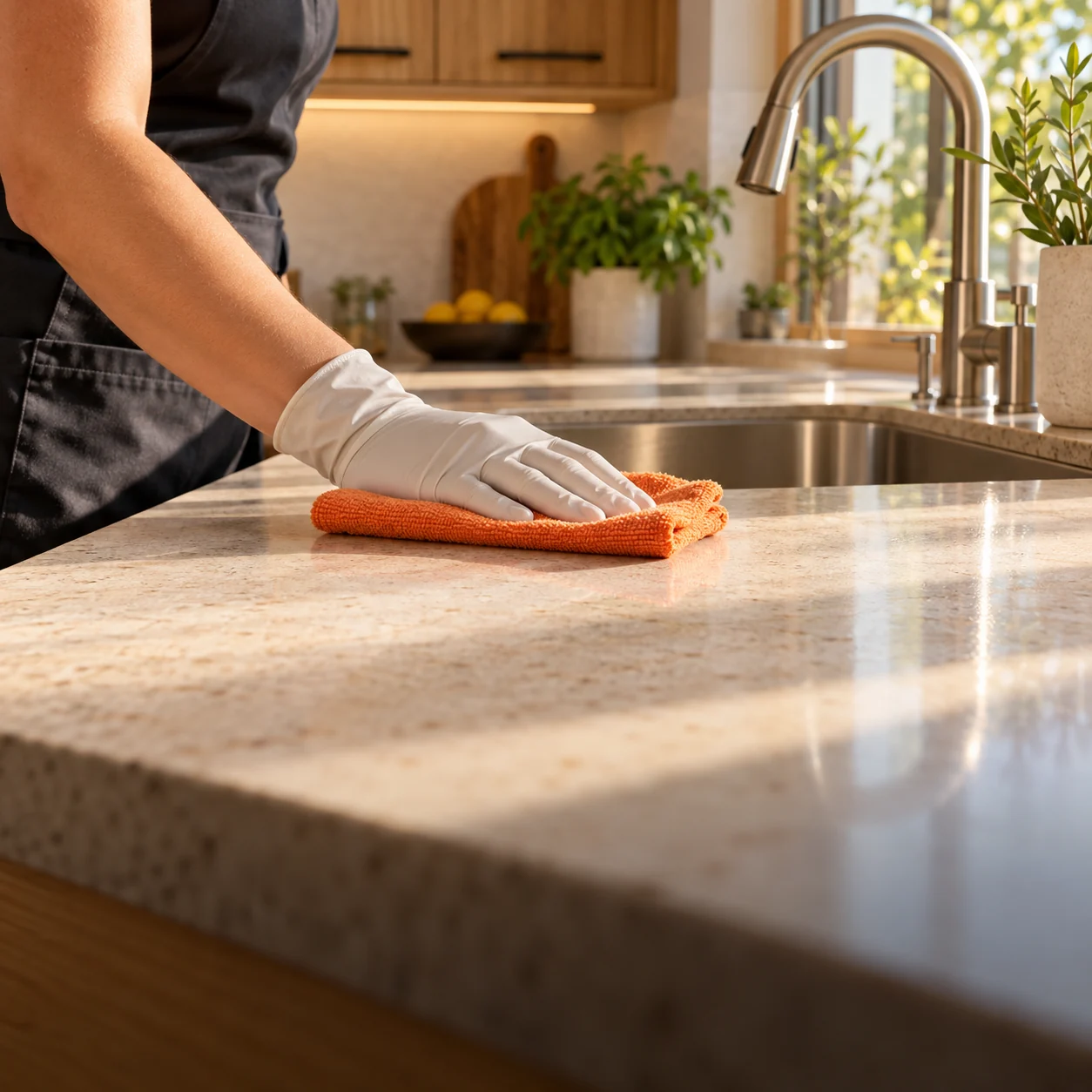 A gloved hand carefully wiping a kitchen counter with an orange microfiber cloth