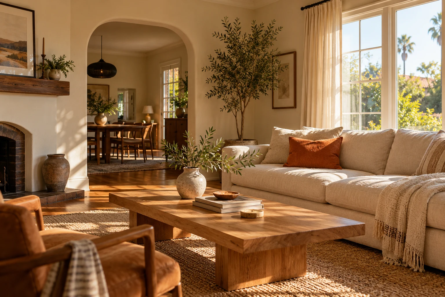 A sunlit living room with a cream sofa, oak table and leafy plants